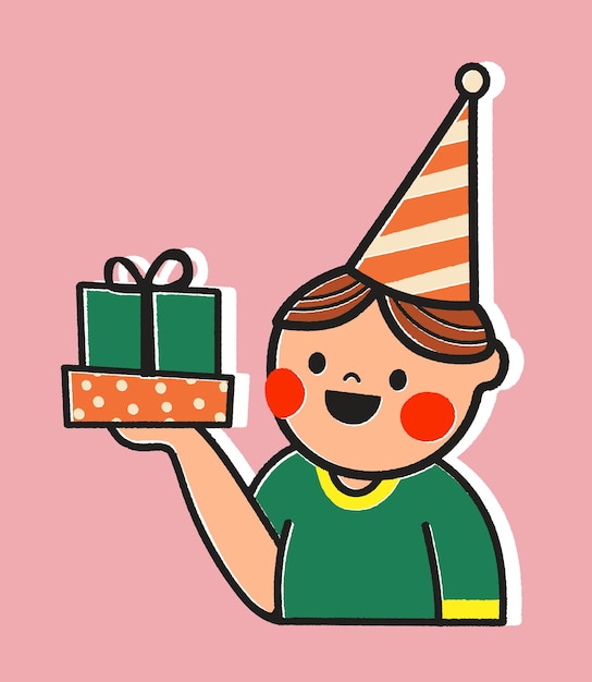 Vecteur carte d'anniversaire avec un garçon de dessin animé tenant une illustration de boîte à cadeaux sur fond rose style autocollant