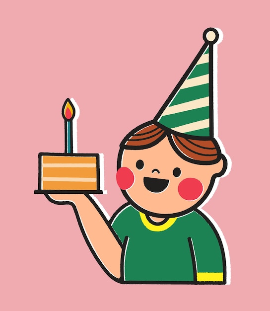 Vecteur carte d'anniversaire avec un garçon de dessin animé tenant une illustration de gâteau sur fond rose style autocollant