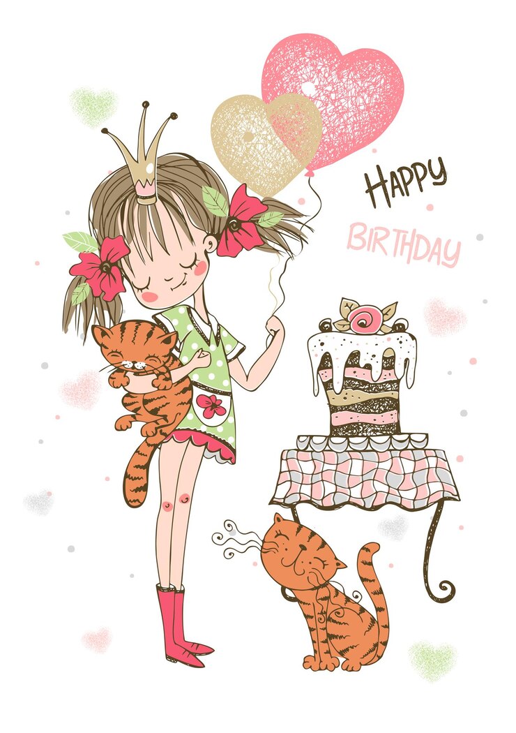 Carte d'anniversaire avec une jolie fille avec un gâteau et des ballons Vector