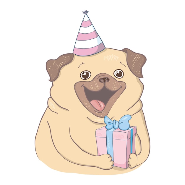 Carte D'anniversaire Mignonne Avec Un Chiot Drôle. Carlin D'amour Et Cadeaux. Illustration Vectorielle.