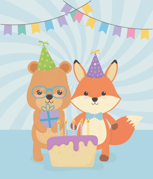 Vecteur carte d'anniversaire avec des personnages de petits animaux