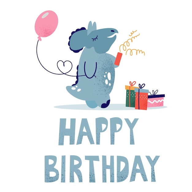 Carte D'anniversaire Pour Enfants Avec Un Dinosaure. Un Dinosaure Avec Des Cadeaux. Carte De Voeux De Style Pour Enfants, Vecteur