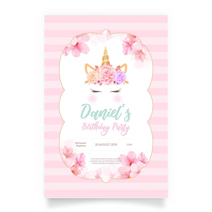 Vecteur carte d&#39;anniversaire rose avec une licorne blanche et des paillettes d&#39;or