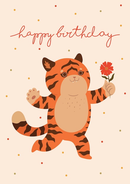 Carte D'anniversaire Avec Un Tigre Mignon. Graphiques Vectoriels.