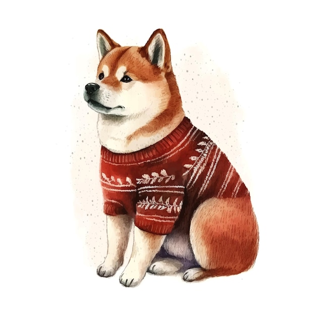 Carte avec aquarelle akita noël nouvel an pull rouge noël vecteur chiot drôle vecteur cartoo