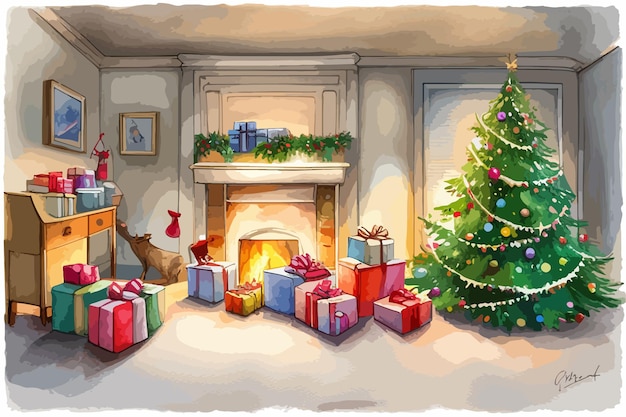 Carte aquarelle arbre de Noël et coffrets cadeaux dans l'illustration vectorielle de la salle festive