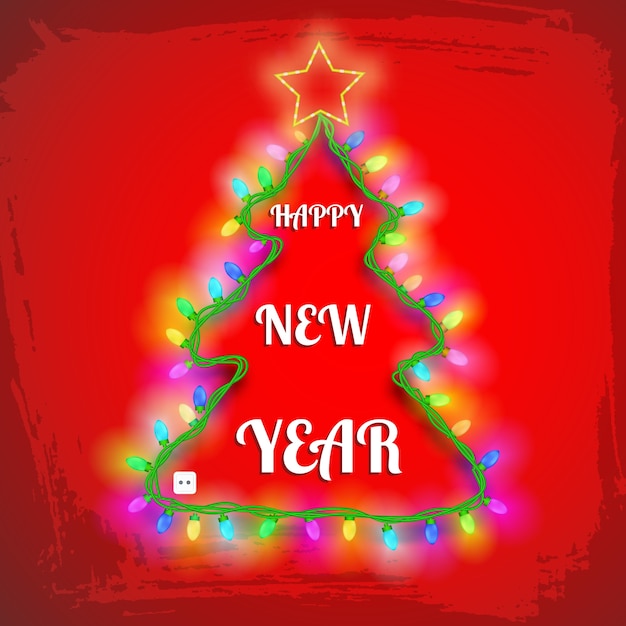 Carte D'arbre De Nouvel An Avec Des Lumières De Guirlande Colorées étoiles Et Salutation Sur Rouge