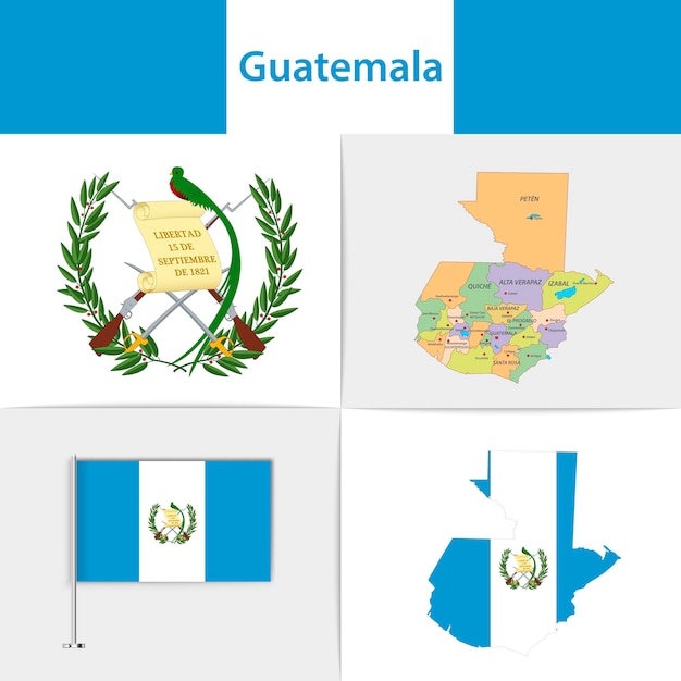 Vecteur carte et armoiries du drapeau du guatemala
