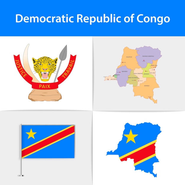 Vecteur carte et armoiries du drapeau de la république démocratique du congo