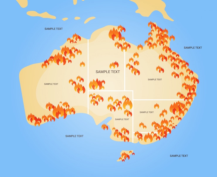 Vecteur carte de l'australie avec des symboles de feux de brousse incendies de forêt saisonnière bois sec brûlant le réchauffement climatique concept de catastrophe naturelle plat