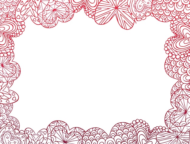 Carte aux contours rouges des coeurs doodle décorés de motifs bohèmes pour votre créativité