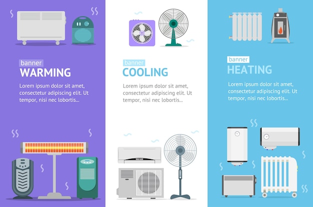 Carte De Bannière De Dispositifs De Chauffage, De Refroidissement Et De Réchauffement Ensemble Vecrtical Pour Le Service De Climatisation De Maison Et De Bureau