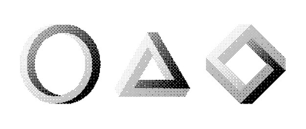 Carte de bits formes impossibles ensemble Dither halftone collection d'objets géométriques Triangle à texture noire