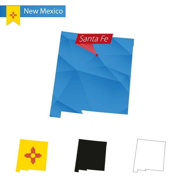 Carte bleu Low Poly de l'État du Nouveau-Mexique avec la capitale Santa Fe