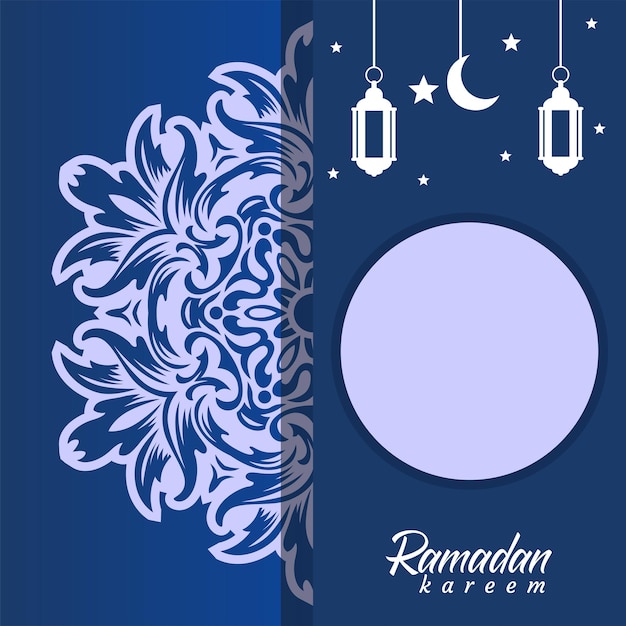 Une Carte Bleue Et Blanche Avec Une Salutation De Ramadan Et Une Demi-lune Et Des étoiles.