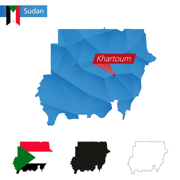 Carte bleue du Soudan Low Poly avec la capitale Khartoum