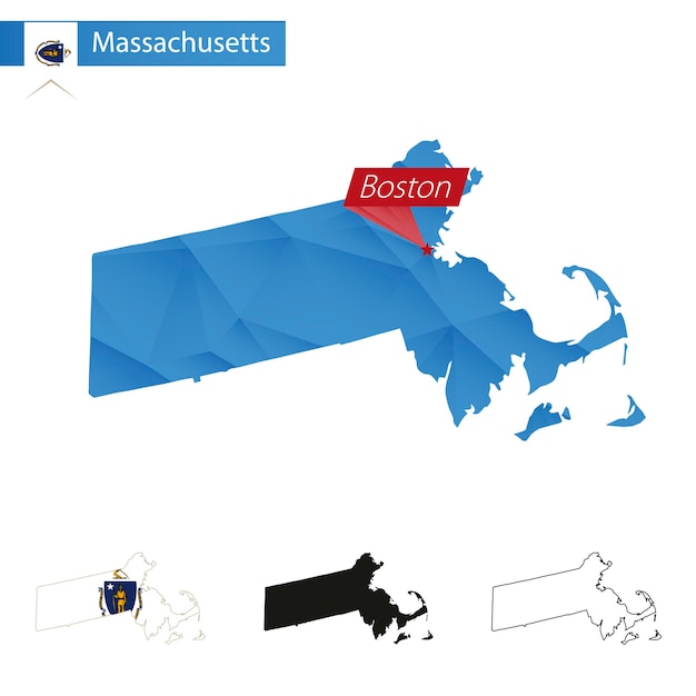 Carte Bleue Low Poly De L'état Du Massachusetts Avec La Capitale Boston