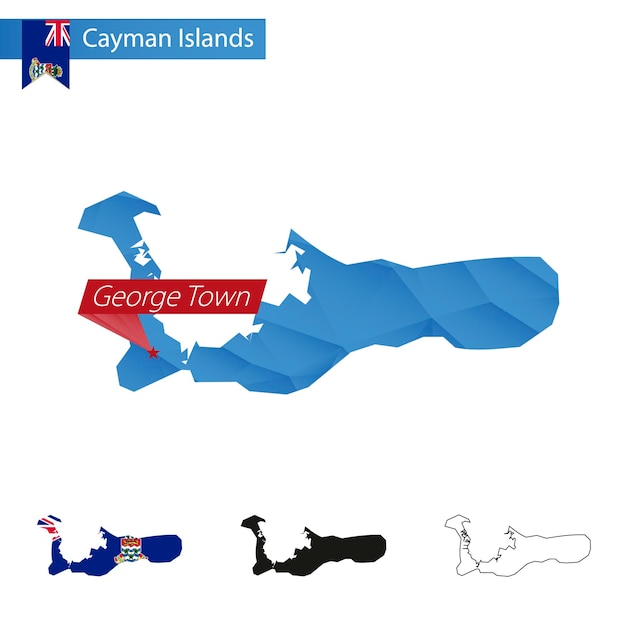 Vecteur carte bleue low poly des îles caïmans avec la capitale george town