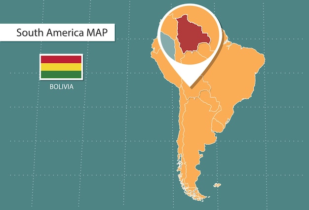 Carte De La Bolivie En Amérique Icônes De La Version Zoom Montrant L'emplacement Et Les Drapeaux De La Bolivie