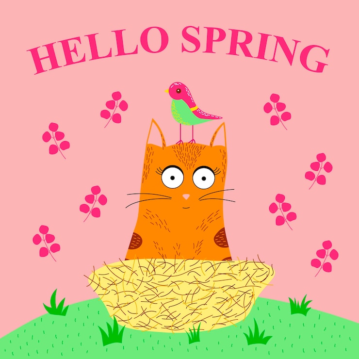 Vecteur carte bonjour printemps avec un chat dans un nid et un oiseau