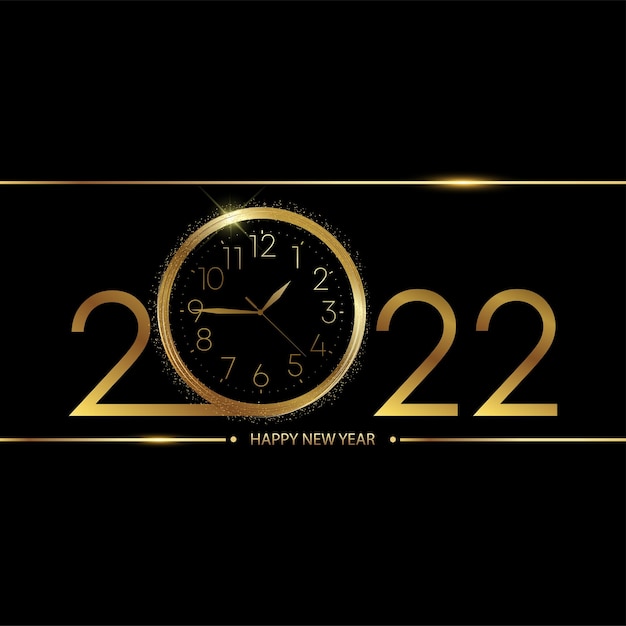 Carte de bonne année 2022 avec montre dorée sur fond noir. Vecteur.