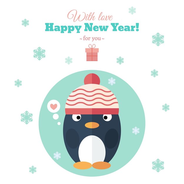 Carte De Bonne Année Avec Pingouin Mignon En Chapeau Et Flocons De Neige Illustration Vectorielle Plate