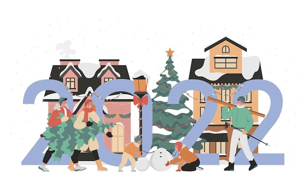Carte de bonne année ville d'hiver avec décoration festive