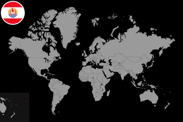 Carte des broches avec le drapeau de la Polynésie française sur la carte du monde Illustration vectorielle