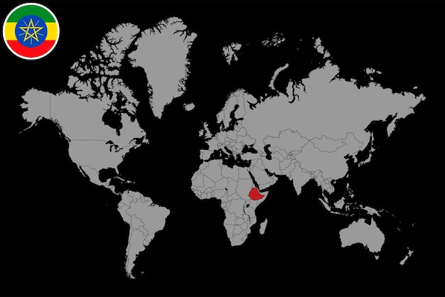 Carte des broches avec le drapeau de l'Éthiopie sur la carte du monde Illustration vectorielle