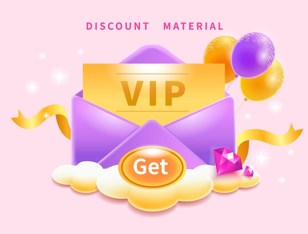 Vecteur carte-cadeau de réduction de coupon vip dans une carte d'invitation d'enveloppe avec une atmosphère de célébration de ballons
