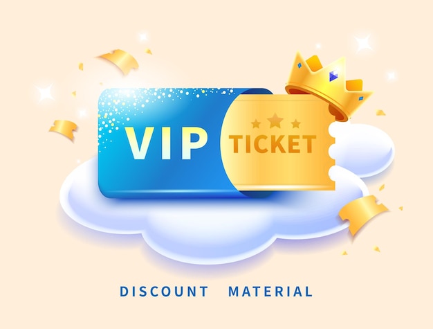 Vecteur carte-cadeau de réduction de coupon vip de luxe étincelant de style minimal avec couronne et nuages