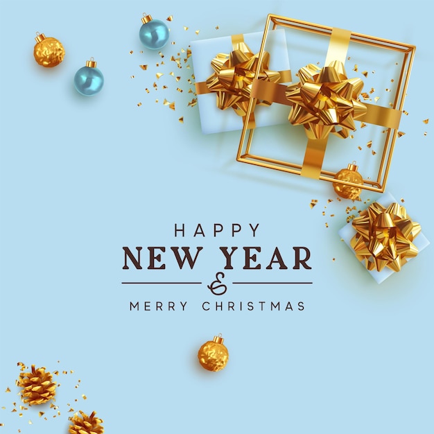 Carte-cadeau de vacances de bonne année. Cadeau de Noël design festif, coffrets cadeaux bleus et or, cube creux en forme de cadeau 3d, boules de boules, confettis dorés scintillants. Salutations Joyeux Noël