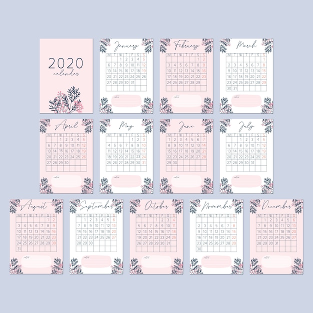 Vecteur carte calendrier rose pêche 2020 fleur