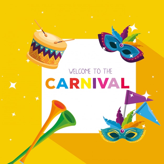 Carte de carnaval avec décoration de masques et trompette