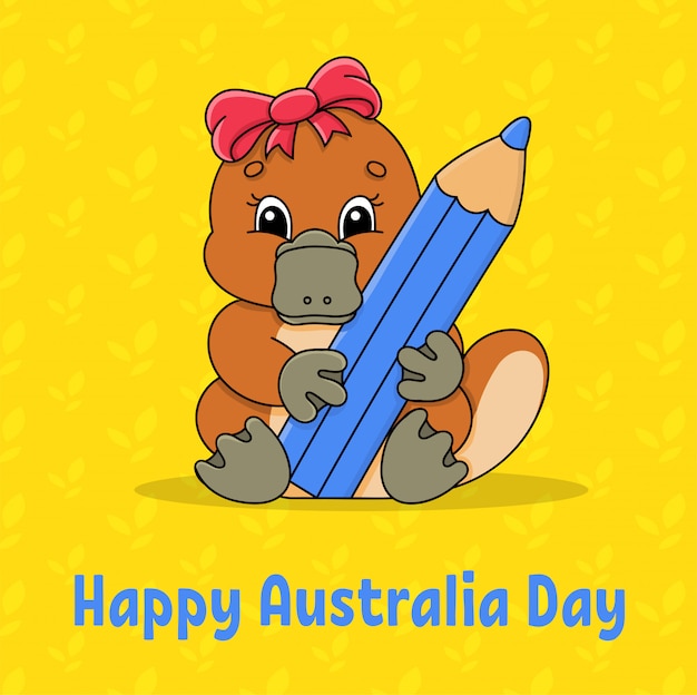 Carte Carrée De Couleur De Voeux. Bonne Fête De L'australie. L'ornithorynque Mignon De Bande Dessinée Tient Un Crayon Dans Ses Pattes.