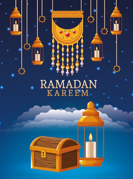 Carte de célébration du ramadan kareem avec lanternes suspendues et poitrine