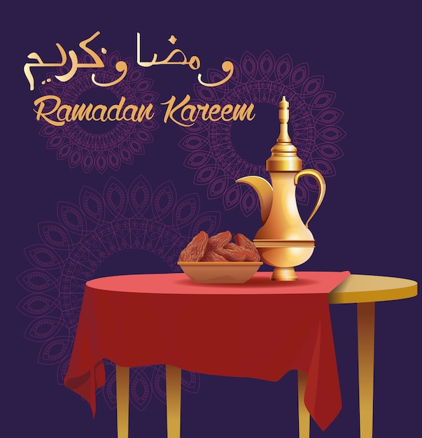 Vecteur carte de célébration du ramadan kareem avec théière dans le tableau