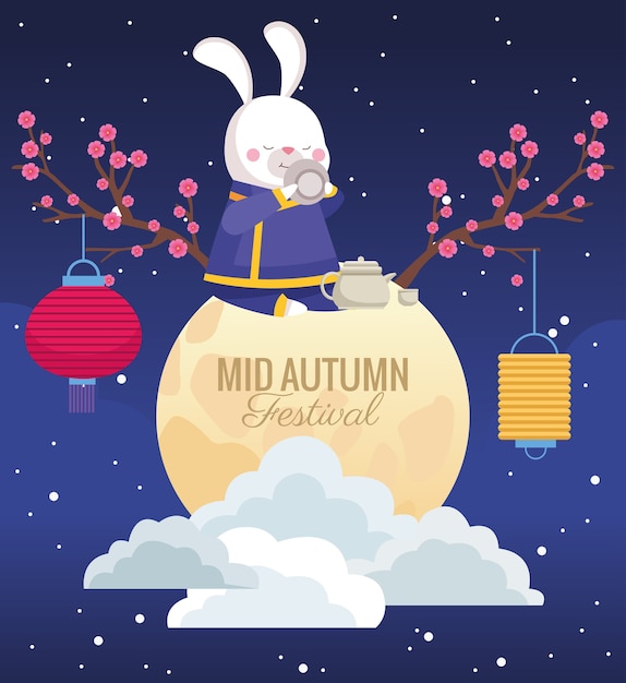 Carte De Célébration Mi-automne Avec Lapin En Scène De Pleine Lune