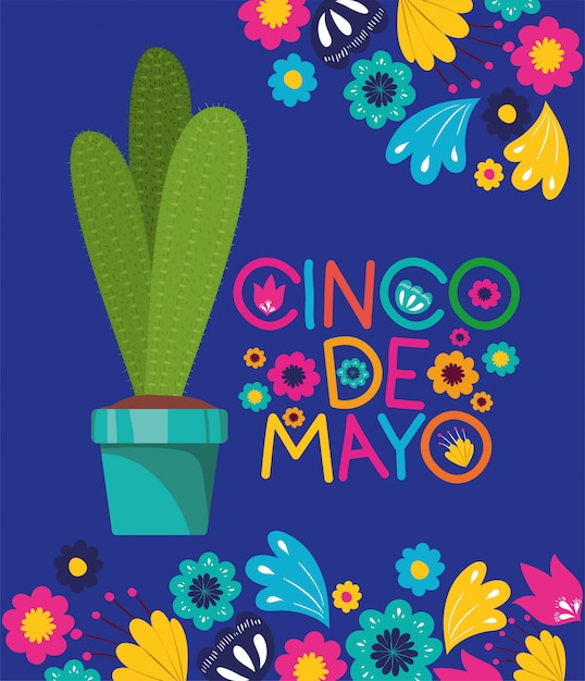 Carte De Cinco De Mayo Avec Des Fleurs Et Des Cactus