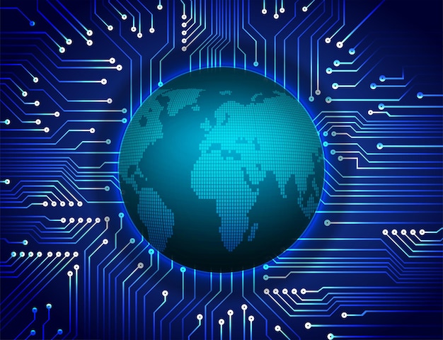 Vecteur carte de circuit binaire mondiale future technologie blue hud cyber security concept background