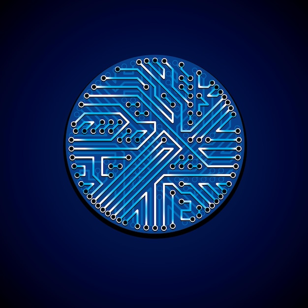 Carte de circuit imprimé d'éblouissement d'ordinateur abstrait vectoriel, élément de technologie rond bleu avec connexions et néons. Conception de sites Web sur le thème de l'électronique.