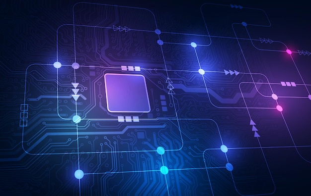 Carte De Circuit Imprimé De Fond De Processeur De Puce De Technologie Abstraite Et Code Html, Vecteur De Fond De Technologie Bleu Illustration 3d.