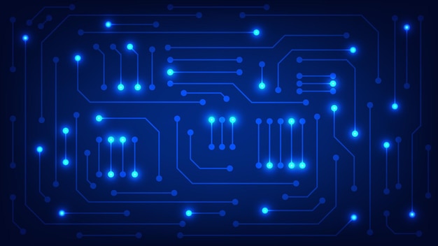 Carte de circuit imprimé numérique de haute technologie AI pad et lignes électriques connectées sur fond d'éclairage bleu