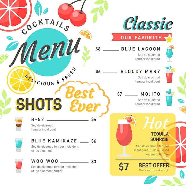 Vecteur carte de cocktails colorée avec illustrations