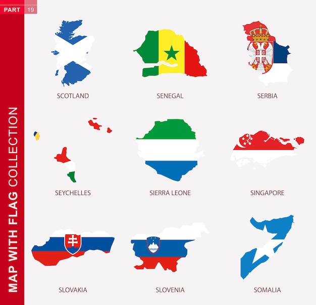 Carte Avec Collection De Drapeaux, Contour De Neuf Cartes Avec Drapeau De L'ecosse, Du Sénégal, De La Serbie, Des Seychelles, De La Sierra Leone, De Singapour, De La Slovaquie, De La Slovénie, De La Somalie