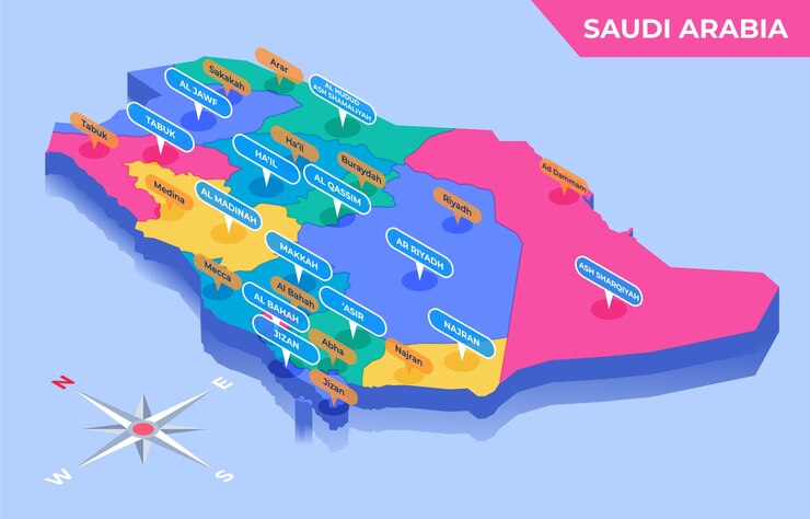Carte colorée isométrique de l'Arabie saoudite avec les provinces et les capitales