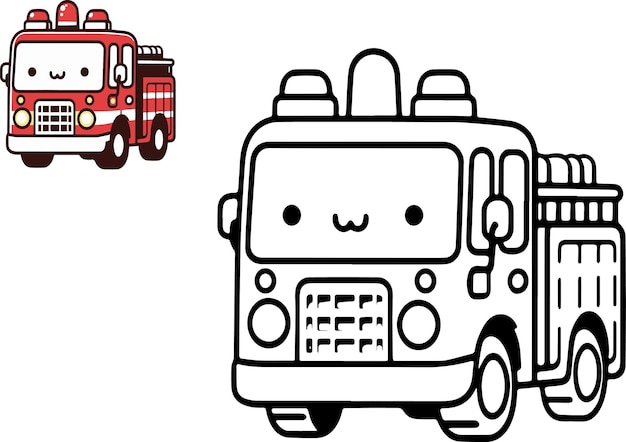 Vecteur carte à colorier cartoon vector illustration de camion de pompiers en noir et blanc page à colorier