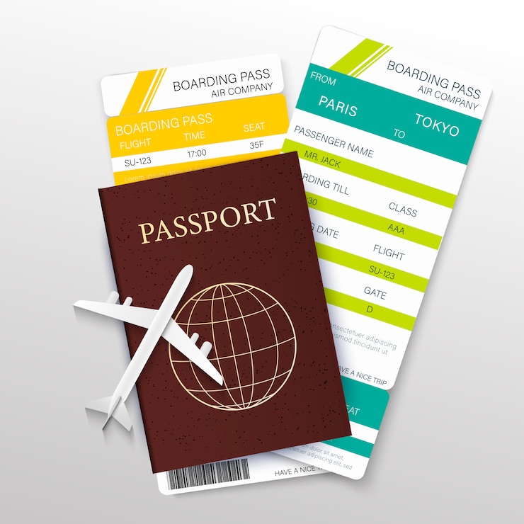 Carte conceptuelle de voyage et de tourisme avec passeport 3d réaliste détaillé, billets d'avion et icônes de ligne mince
