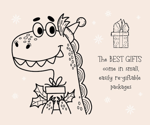 Carte Cool Avec Dragon Avec Cadeau De Noël Avec Contour De Houx Dessin à La Main Décor De Vacances Design De Noël