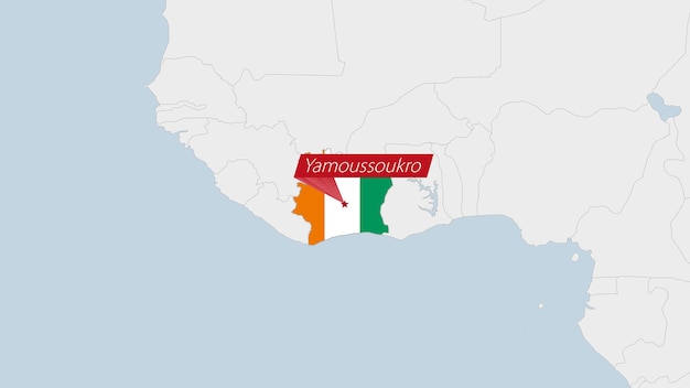 Carte de la Côte d'Ivoire mise en évidence dans les couleurs du drapeau de la Côte d'Ivoire et l'épingle de la capitale du pays Yamoussoukro